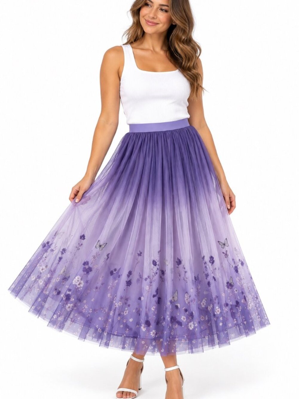 Women's Large Purple Tulle Skirt Floral Butterfly Print Maxi Midi Fairycore